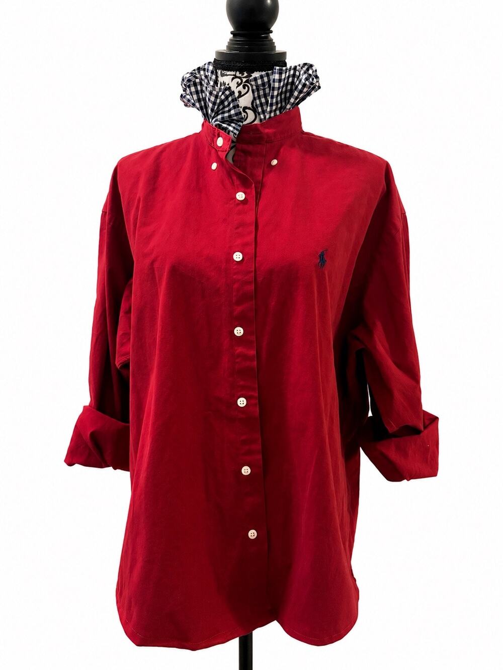 Ralph Lauren Blake Red Cotton Button Down Shirt L Custom Gingham Ruffle Collar